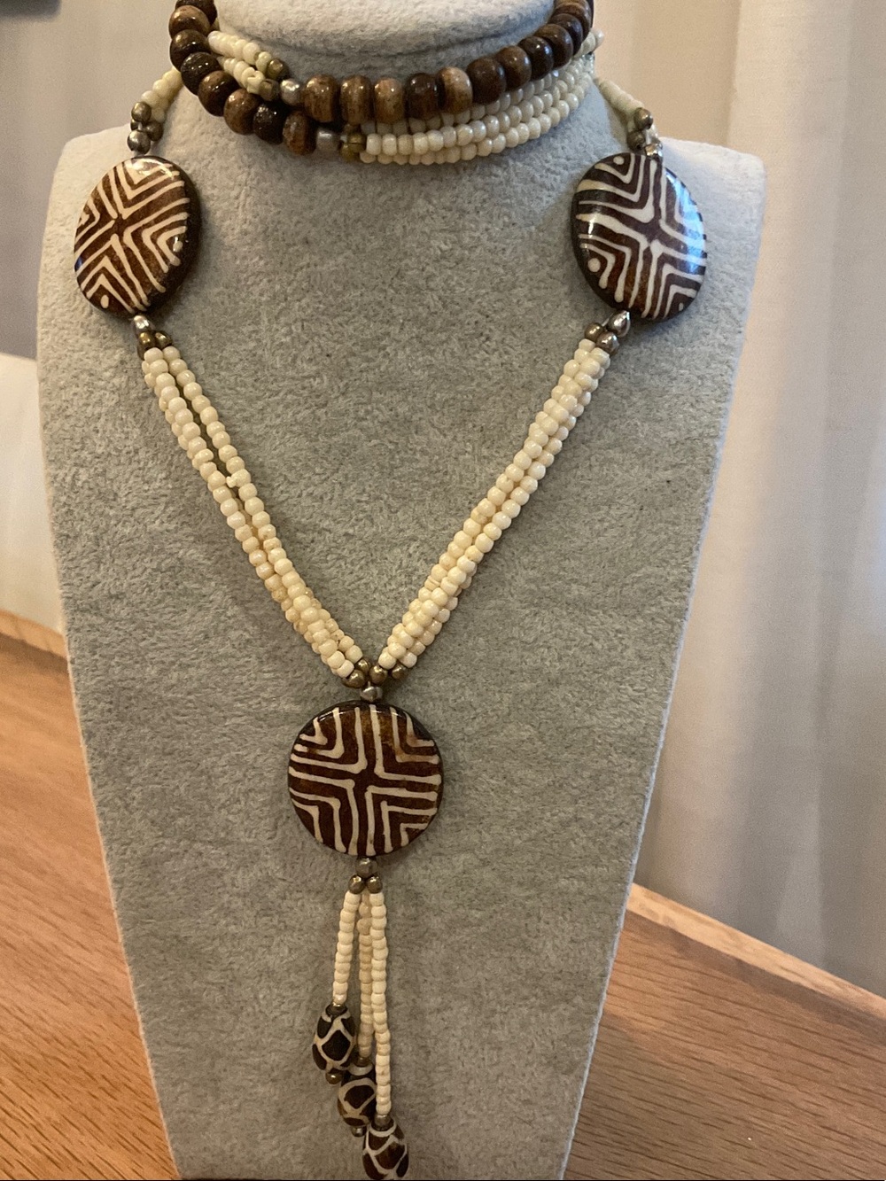 Vintage Tribal Boho Style Cream and Brown Beaded Pendant Necklace